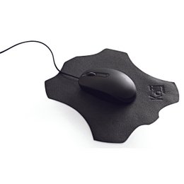  Black genuine full-grain leather mouse pad with dollar grain texture, dimensions 20 x 23 cm, packaged in a TNT tubular bag.