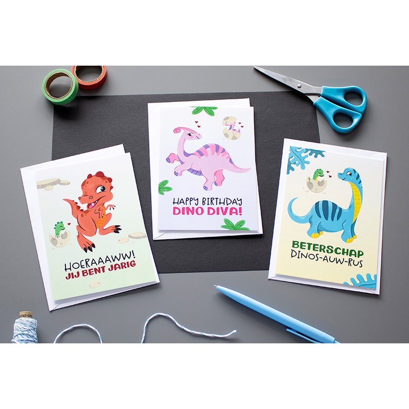 Cartes de vœux Dinosaure Félicitations Dino Girls // Set 3 Pièces
