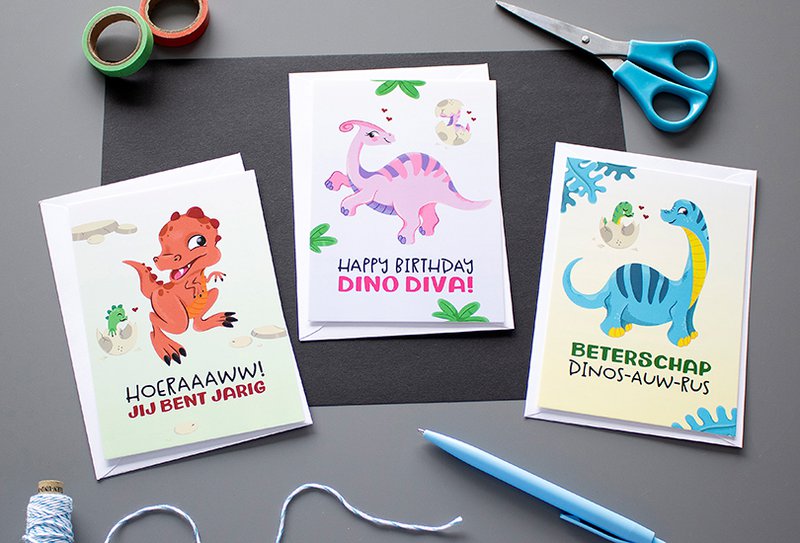 Biglietti d'auguri Dinosauro Congratulazioni Dino Girls // Set 3 pezzi