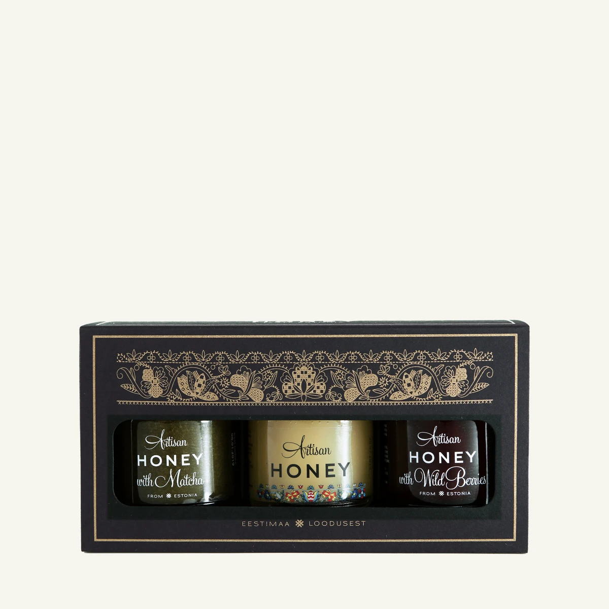 3x50 g package: blossom honey, honey with matcha, honey with wild berries