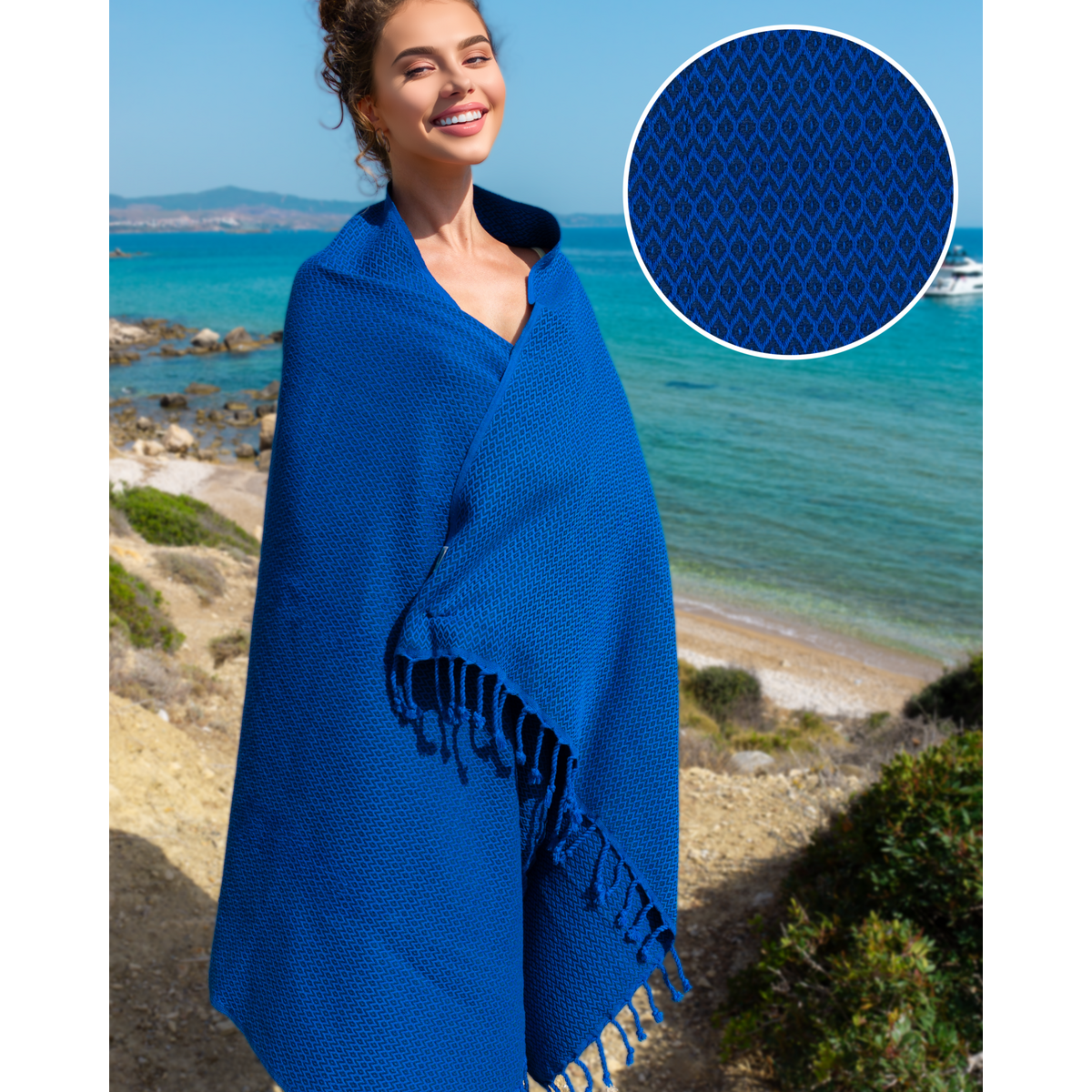 SAMOS Hamam-Badetuch aus Baumwolle – leicht – Blau / Marineblau – 180 x 100 cm