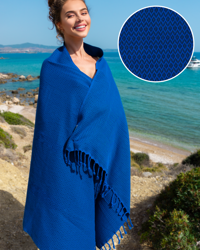 SAMOS Cotton Hammam Pool Towel – Lightweight – Blue / Navy Blue - 180x100 cm