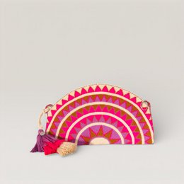 Pink red geometric half-moon rainbow pattern cross-body bag with tassel detail.