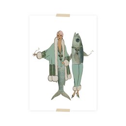 Postcard collage Museum-collectie - dame vis blauw