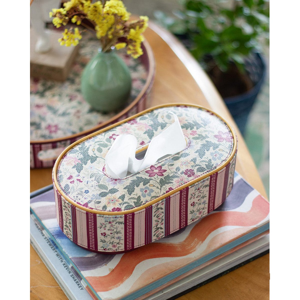 Vegan Leather Oval Tissue Box - Floral & Striped Pattern