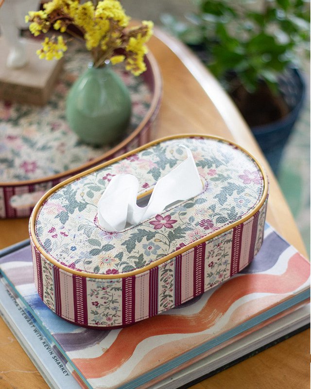 Vegan Leather Oval Tissue Box - Floral & Striped Pattern