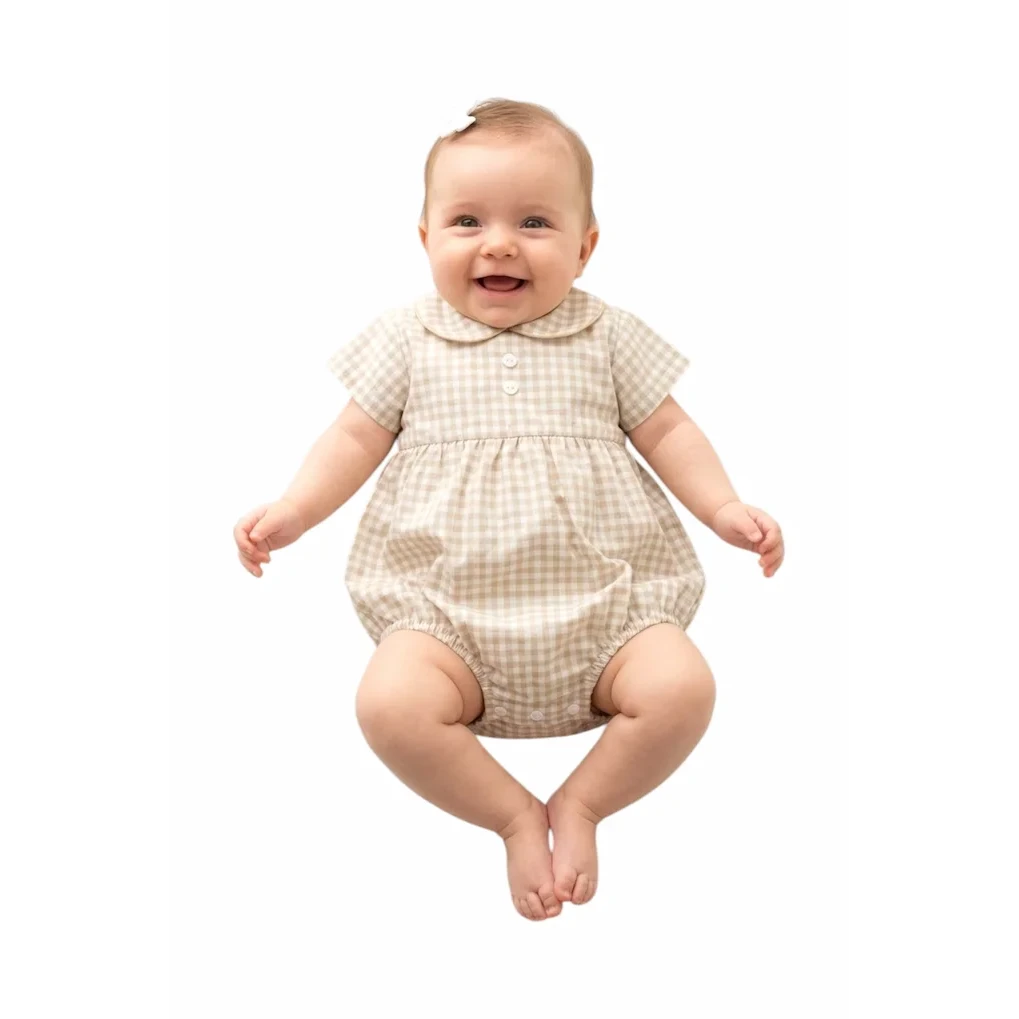 Baby Gingham Romper med krave, beige