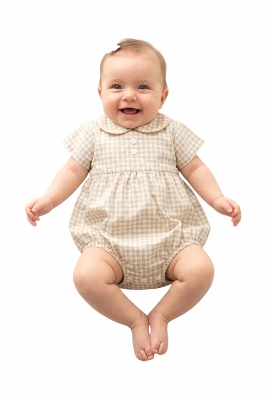 Baby Gingham Romper med krave, beige