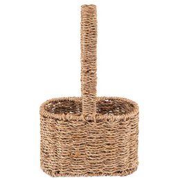  Woven seagrass bottle holder for 2 bottles, with a tall, cylindrical shape and a handle for easy carrying.
