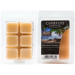 Coconut and mahogany scented wax melt with a warm, tropical aroma. Rectangular shape with six individual cubes.