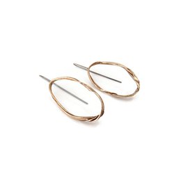 Oxidized sculptural bronze dangle earrings with an oval shape and a bronze finish.