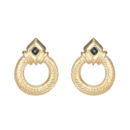 Gold hoop earrings with a black stone accent. Circular hoop shape with a textured gold finish.