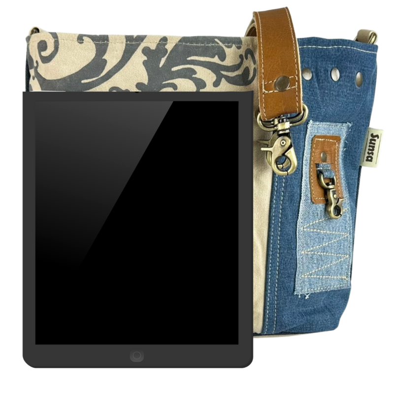 Sunsa dames schoudertas. Schoudertas gemaakt van upcycled jeans en canvas. Handtas vintage retro-stijl. Crossbodytas voor dames met print