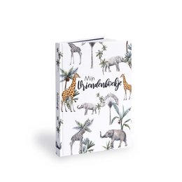 A children's book titled "The Jungle Book of Friends" featuring illustrations of various jungle animals such as giraffes, elephants, and birds.