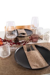 Rectangular cutlery holder with natural wood and fabric material, minimalist design, holds utensils and flatware organizer.