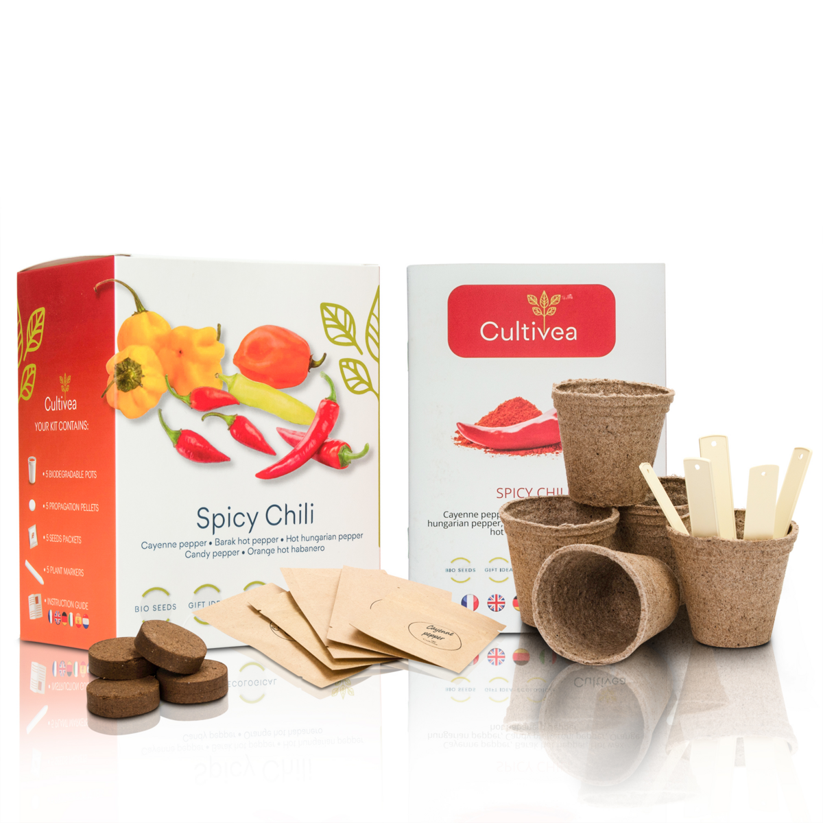 CULTIVEA® Organic Chili Pepper Kit to Plant – Chili Seed Box with Habanero Orange, Cayenne, Barak, Hungarian and Candy Chili – Complete Vegetable Seed Kit – Gift Idea