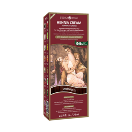  Chocolate-colored henna hair dye cream in a 2.37 fl oz (70 ml) tube. Suitable for hair coloring.