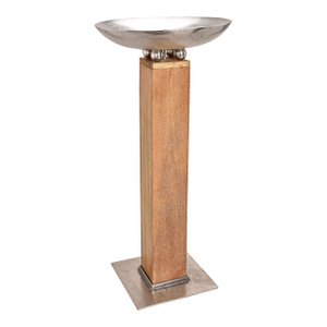 Zuil van mangohout met metalen schaal, bruin/zilver (B/H/D) 59x125x59cm