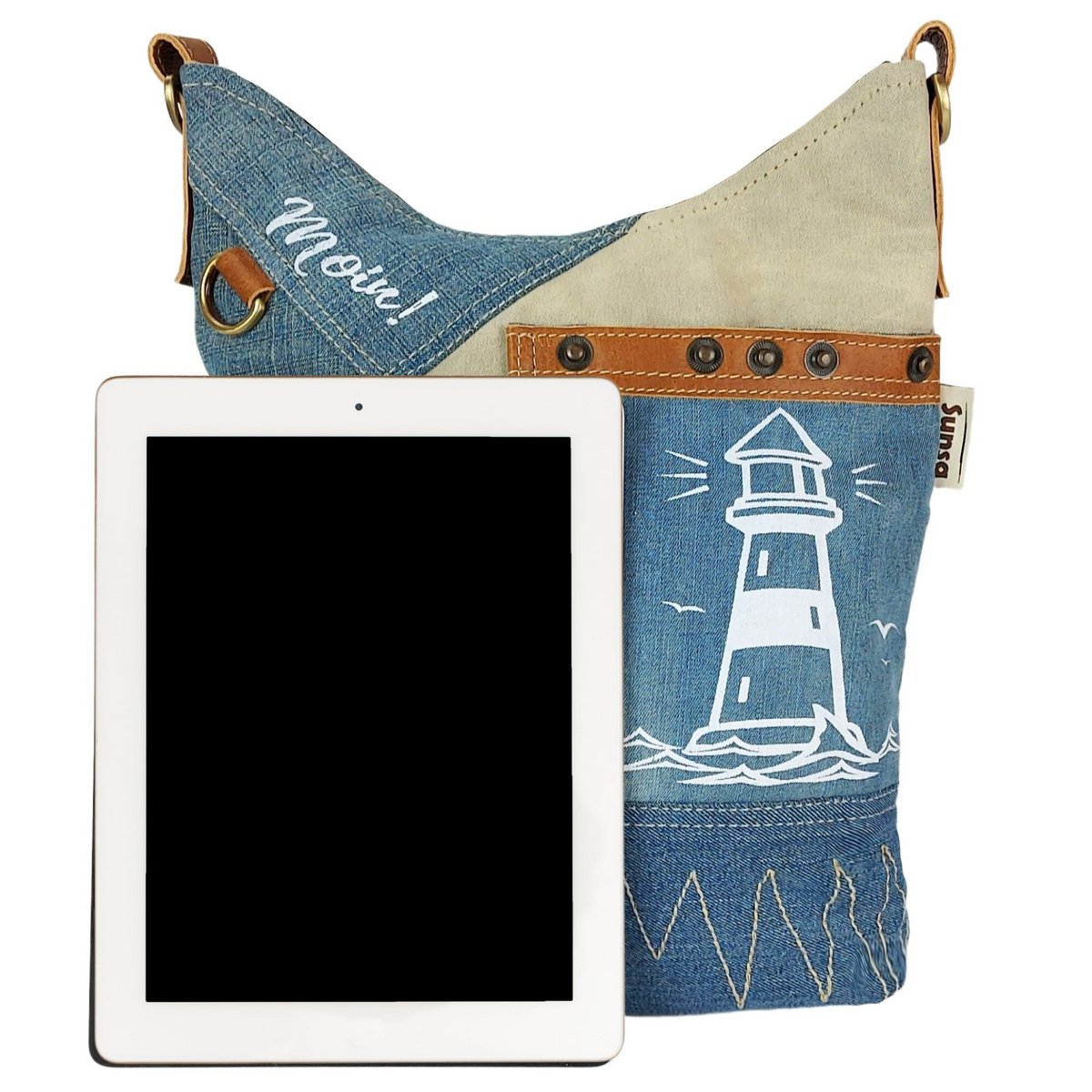 Sunsa hobo bag. Pouch bag made of upcycled jeans and canvas. Women's/girls' shoulder bag with adjustable handle. Lightweight large fabric bag with zipper.