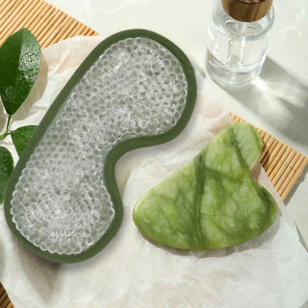 Zestaw i maska ​​na oczy z zielonego jadeitu Gua Sha - Termoterapia - Niezbędne akcesoria kosmetyczne - Kamień naturalny - Narzędzie do podnoszenia