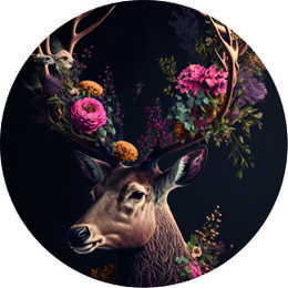 A circular wall decor featuring a deer's head surrounded by vibrant pink flowers and greenery against a dark background.