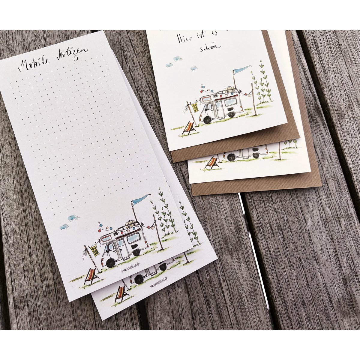 Writing block made of recycled paper | Motorhome on a camping vacation | DIN format (long) | 99 x 210 mm | Dotted