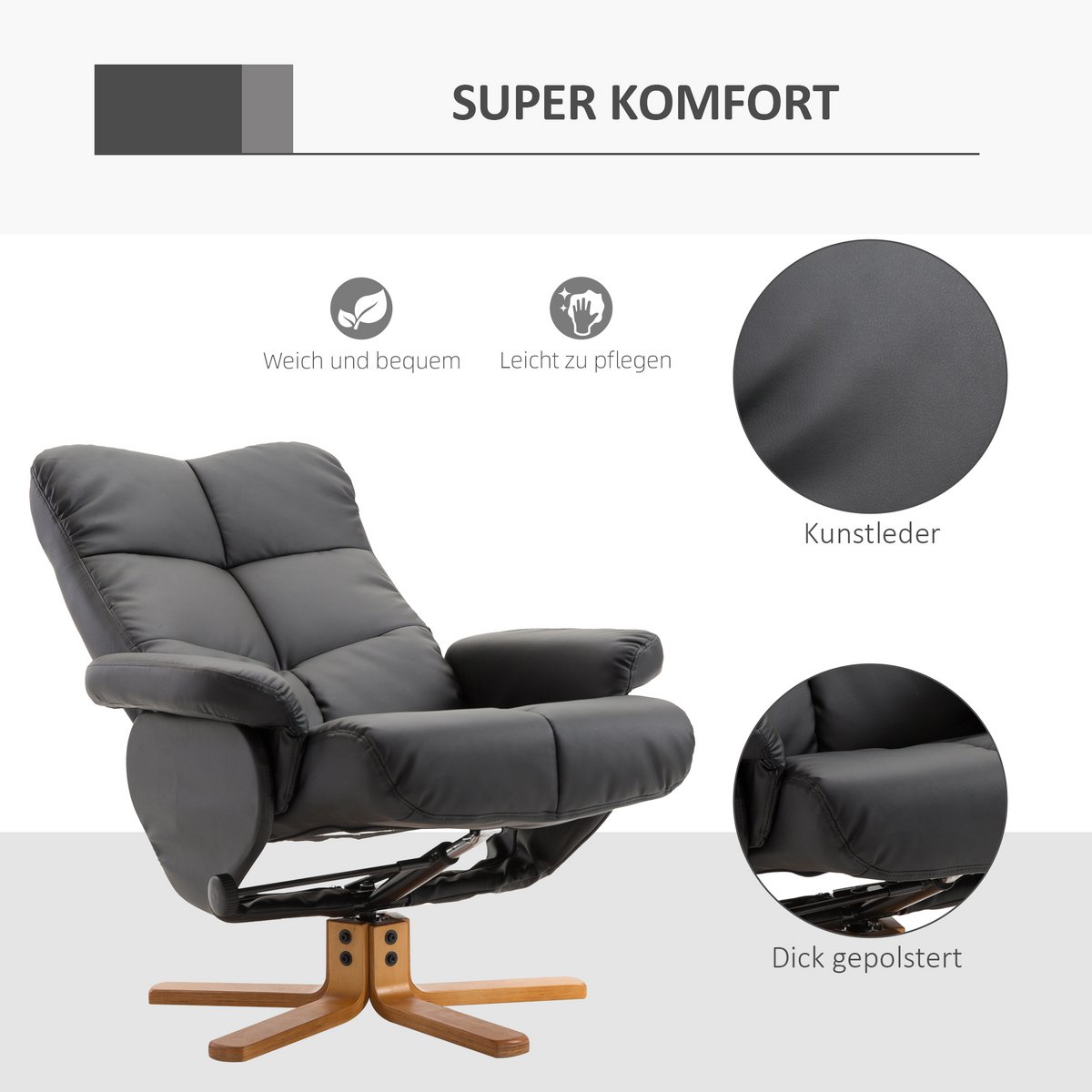 Relaxation chair with stool, 360° rotating TV chair with reclining function, reading chair for bedroom, living room, faux leather, brown