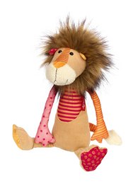 Plush lion toy with patchwork design, featuring a soft, furry body, a round head, and colorful accents like a striped scarf and polka dot bow.