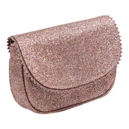  Glittery pink kids handbag with flap closure and adjustable strap.