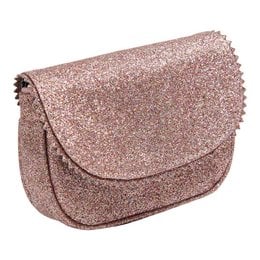 Glittery pink kids handbag with flap closure and adjustable strap.