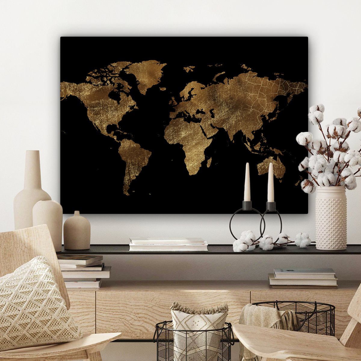 Canvas schilderij  - Wanddecoratie - Wereldkaart - Goud - Luxe - Aarde - Zwart