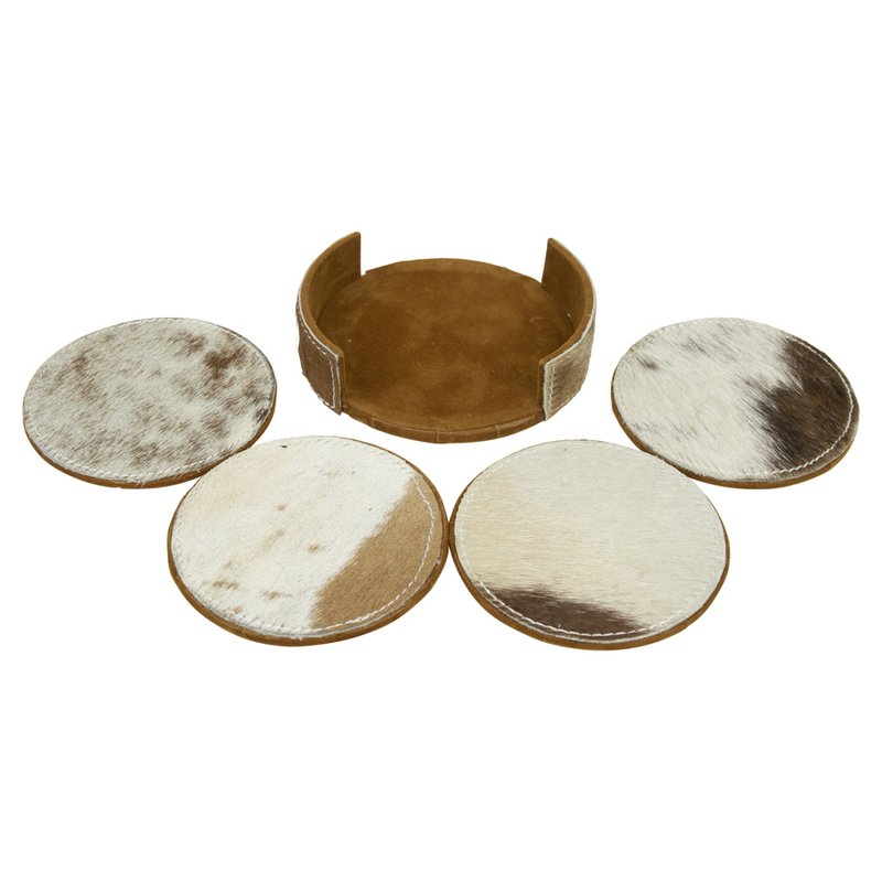 onderzetter koehuid rond bruin/wit 10cm (set of 4)