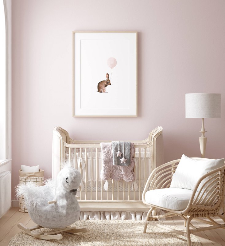 Bunny with pink balloon poster, bunny poster, balloon poster, cute bunny poster, pink girls room poster, cute bunny print, girls nursery art print, girls room