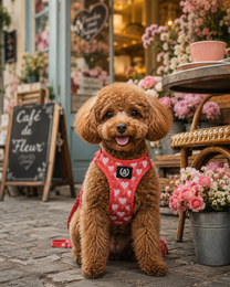 Red heart pattern breathable mesh dog harness, small pet accessory with pink floral design.