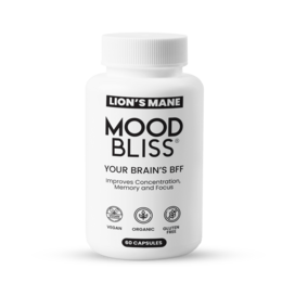 Premium nootropic supplement in a white bottle with the text "MOOD BLISS - YOUR BRAIN'S BFF" on the label. The supplement is designed to support brain health and function.