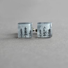 Cuff links with pine trees, Unique gift for men