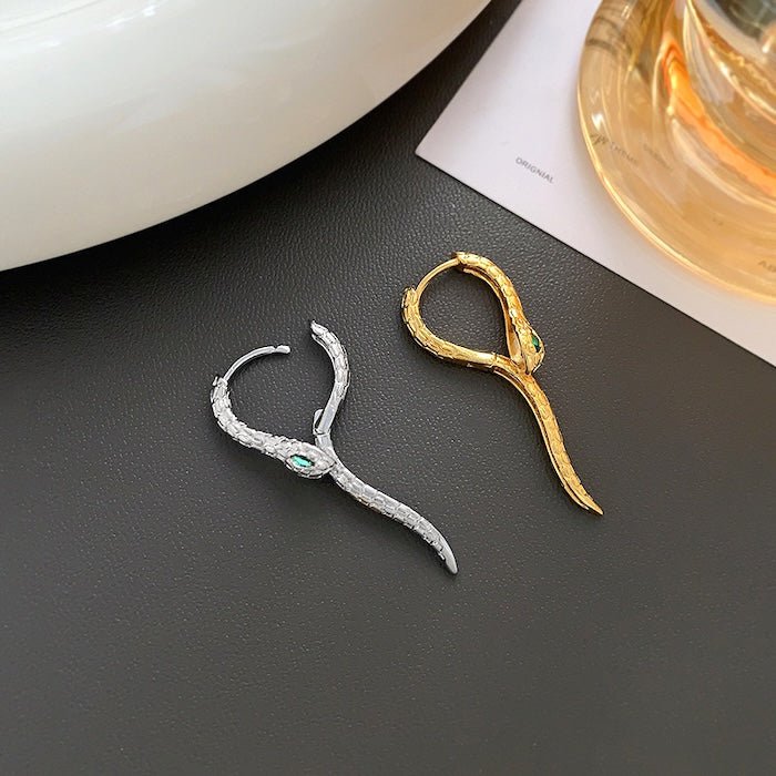Unique Green-eye Cobra Design Earrings - Gold & Silver