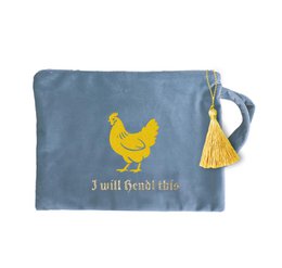 Dark green and navy velvet cosmetic bag with "Happy Holidays" gold text, star design, and red tassel handle.