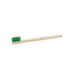 Beech wood adult toothbrush with green bristles, suitable for oral care.