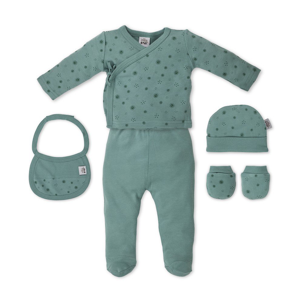 SET 5 PCS(SHIRT+PANTS+GLOVES+BIB+SOCKS)FOR NEW BORN (0-6MONTHS)-100%COTTON-MOD. DUENDES - GREEN