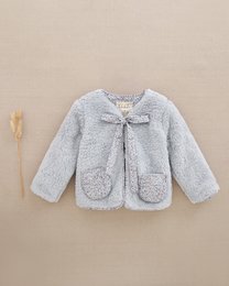 Girl's gray faux fur coat with flower pockets P129-11607211