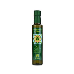 Extra virgin olive oil, 0.25 liters, Sicilian-Italian "Terra degli Angeli" brand. Green glass bottle with label featuring sunflower design.