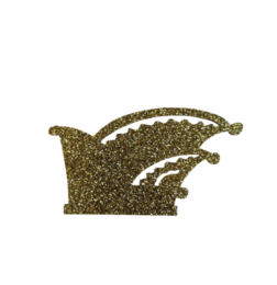 Gold glitter crown-shaped party table decoration with a textured, sparkling appearance.