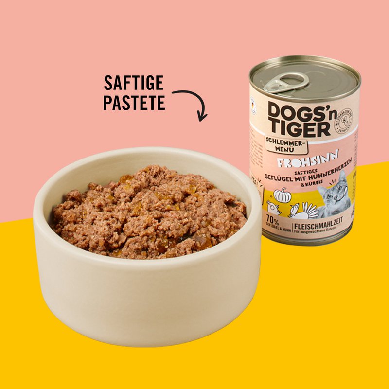 Dogs’n Tiger Adult, cibo per gatti, Frohsinn, cibo umido per gatti, senza cereali, pollame e zucca