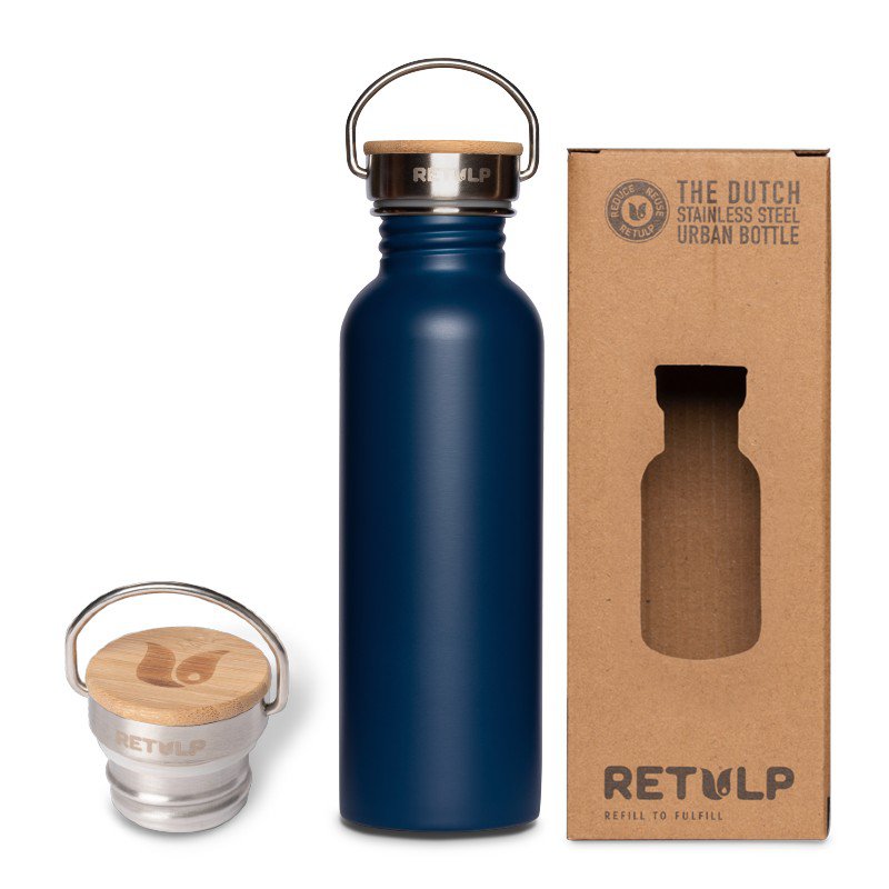 RVS drinkfles lekvrij bamboe dop Blue 750 ml