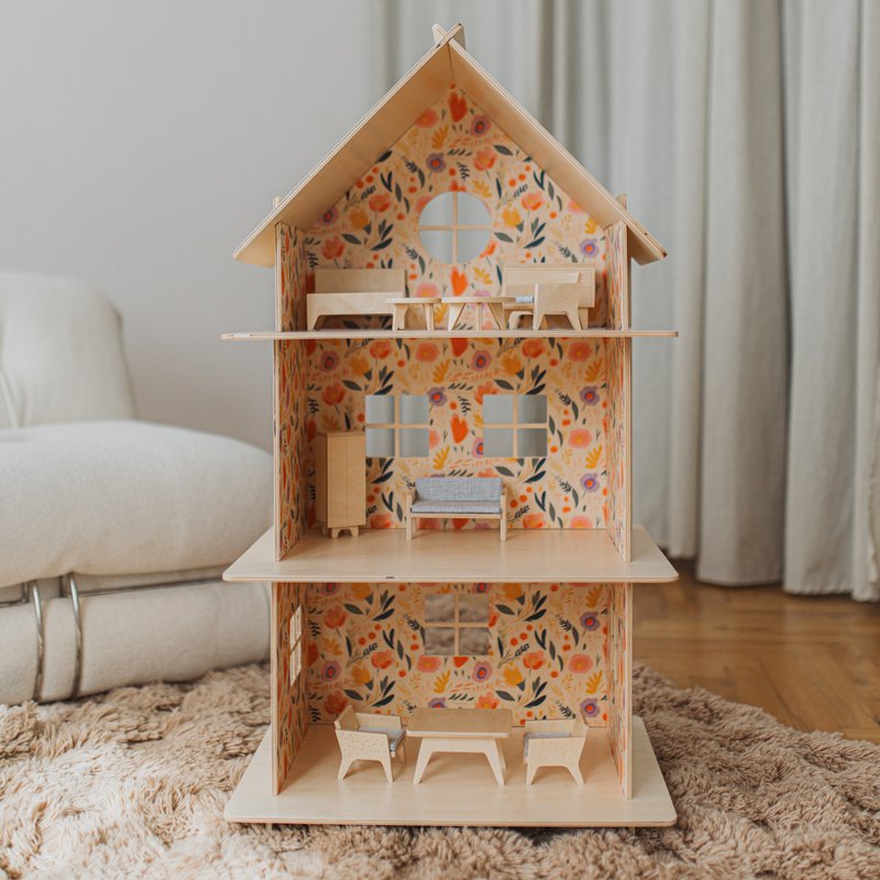 Frühlingsblume – Großer dreistöckiger Puppenhausbausatz aus Holz