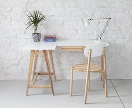 L-shaped desk in various color options, including sea green, fleeting mint, gentle blue, antique pink, sage green, chalk white, brown beige, broom yellow, beaver brown, white, pure red, petrol blue, navy blue, graphite, concrete grey, pearl grey, and powder pink, with ash or oak finishes, available in left or right-handed configurations.