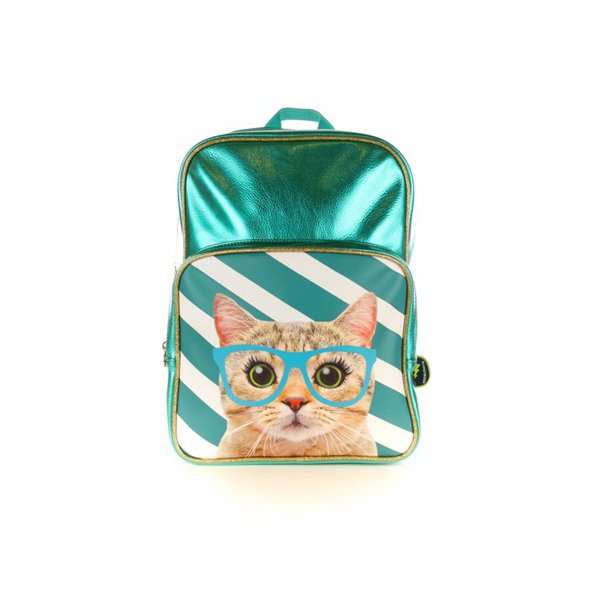 Backpack Cat with blue-green glasses