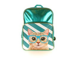 Backpack with a cat wearing glasses design. The backpack has a metallic green color with white and teal stripes. The cat's face is prominently featured on the front of the backpack.