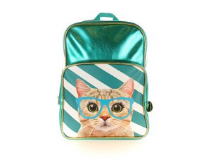 Backpack Cat with blue-green glasses